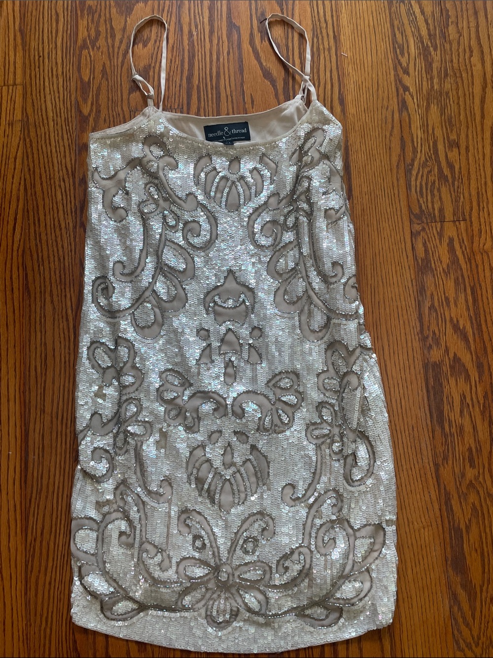 Needle & Thread Ivory Silver and Gold Sequin Mini Dress